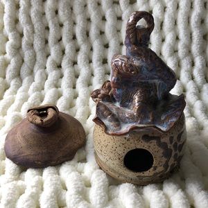 Hand‎ made pottery. Birdhouse with base. Earth tone colors. One of a kind